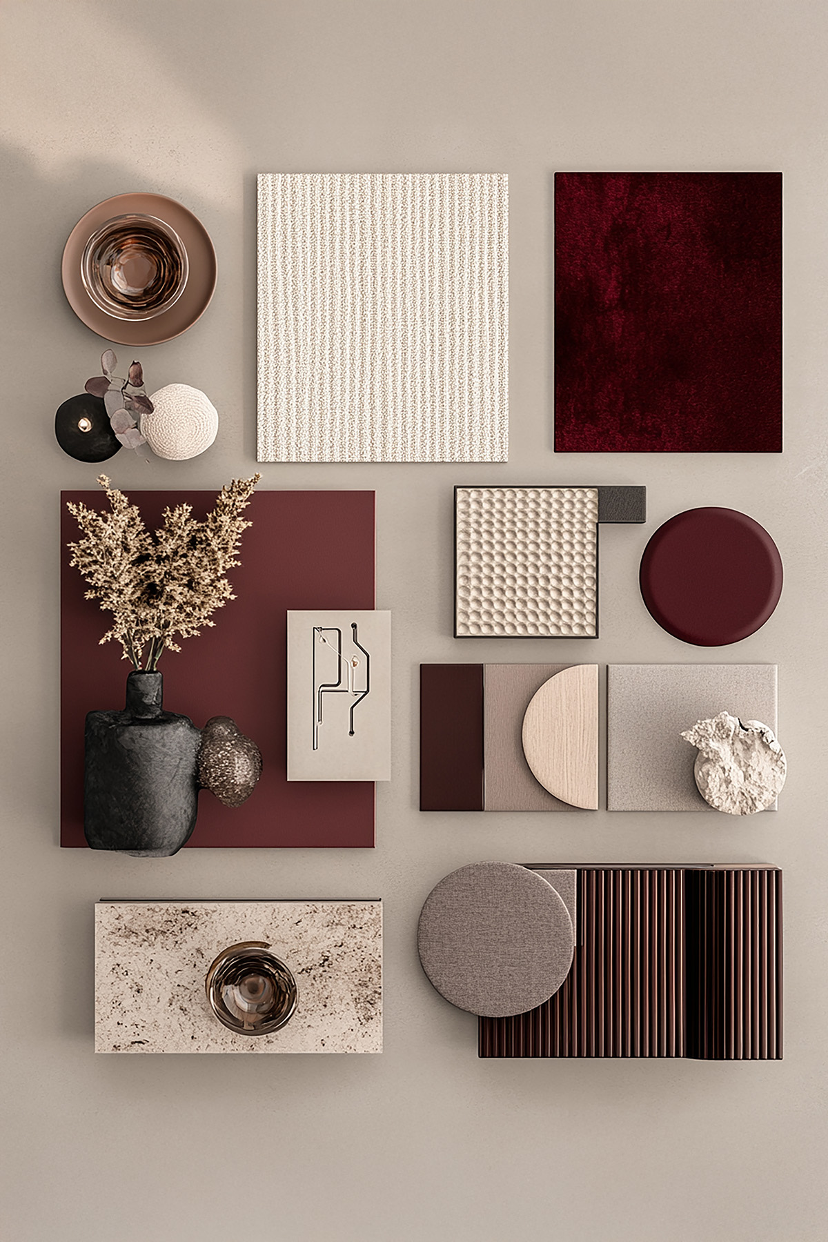 Moodboard cucina AstLab con penisola in tinta mosto